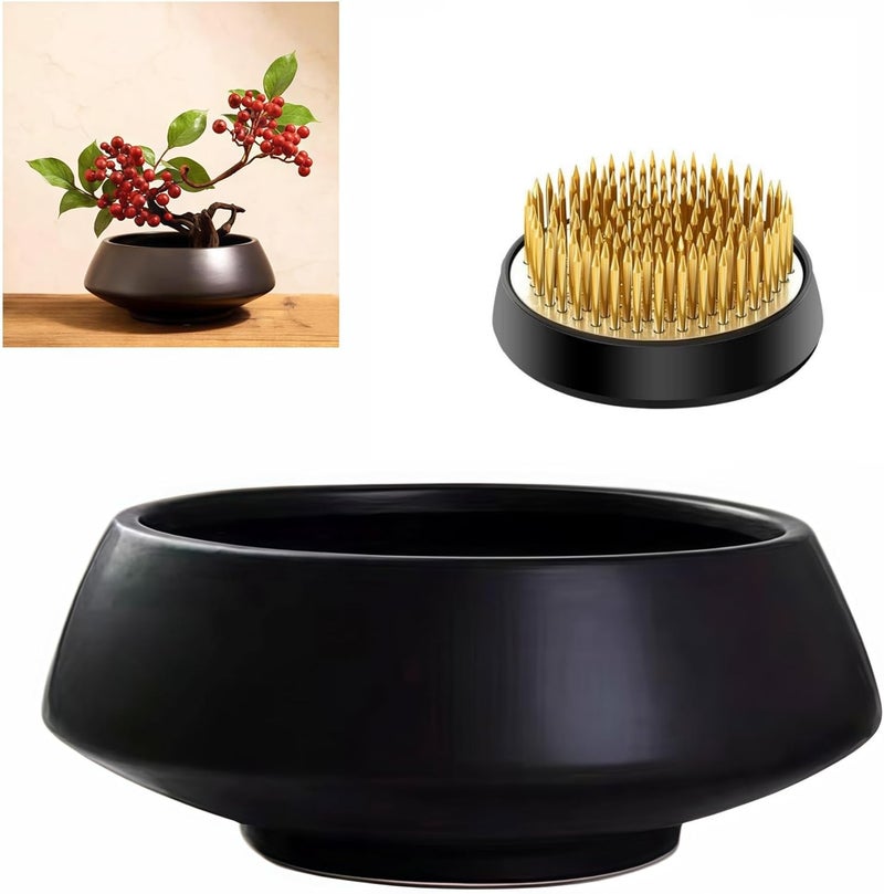 Eggone Ceramic Flower Pot Flower Arrangement Set Japanese Ikebana Floral Art Supplies Handmade Flower Bowl Decorative Flower Vase for Centerpieces (Small Black) - Image 1